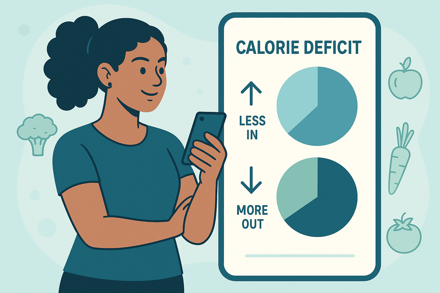 Woman viewing a clean calorie chart with deficit arrows on her phone, surrounded by healthy food icons and pie chart